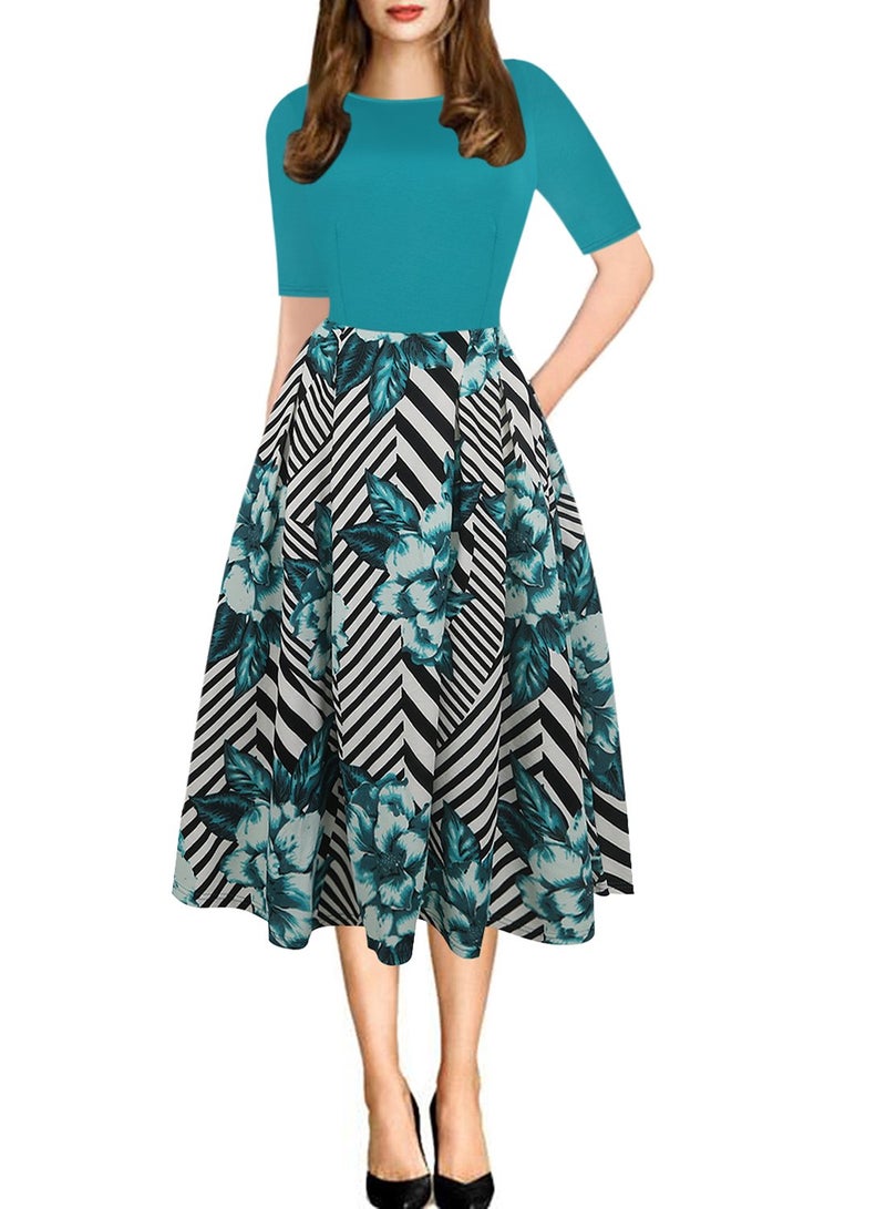 oxiuly Women's Vintage Patchwork Pockets Puffy Swing Casual Party Dress OX165 (Green, x_l) - Image 1